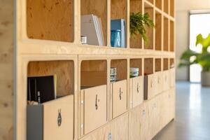A modern shelving unit displaying organized books and plants in a bright interior space photo