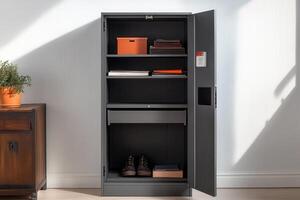A modern storage cabinet with shelves and a drawer, designed for organization and security photo