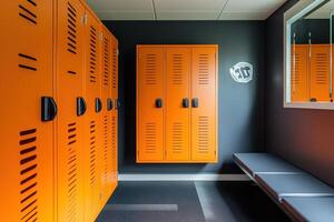 A modern locker room with orange lockers and a bench, designed for changing and storage photo