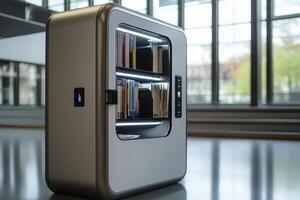 A modern book vending machine displaying various books in a sleek design photo