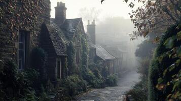 A misty, serene village street lined with stone cottages and overgrown greenery photo