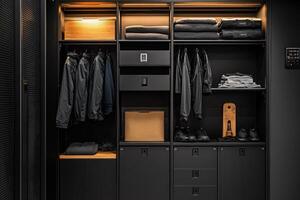 A modern closet organized with clothes, accessories, and storage for a tidy lifestyle photo