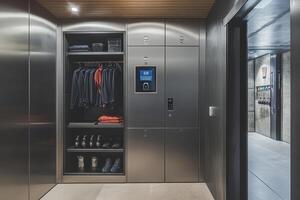 A modern elevator area featuring storage for clothing and shoes, with a digital control panel photo