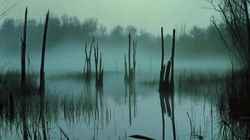 A misty wetland scene with eerie silhouettes of trees reflecting in calm water photo