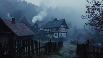A misty village scene at dusk, featuring smoke from chimneys and warm lights in windows photo