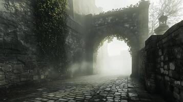 A misty, atmospheric archway in a cobblestone street, evoking mystery and history photo