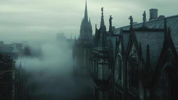 A misty view of gothic architecture with spires and statues under a cloudy sky. photo