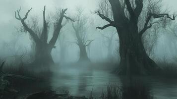 A misty swamp scene with gnarled trees and still water, evoking a sense of mystery photo