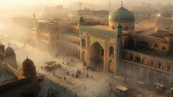 A misty view of an ancient architectural site with domes and intricate patterns photo