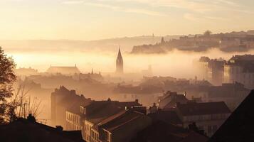 A misty sunrise over a town, showcasing rooftops and a church steeple in soft light photo