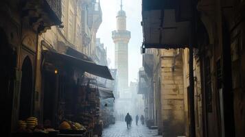 A misty street scene featuring a mosque tower and market stalls in an ancient city photo