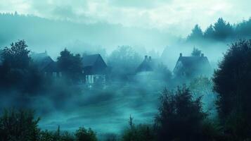A misty landscape featuring houses surrounded by fog and trees, creating a serene atmosphere photo