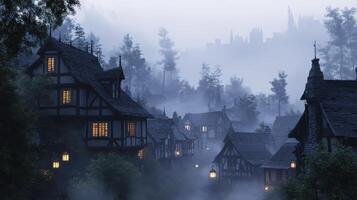 A misty medieval village at dusk, with glowing windows and a distant castle silhouette photo