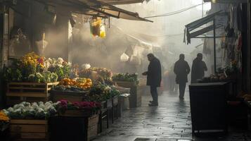 A misty market scene with people amidst colorful flower stalls and fresh produce photo