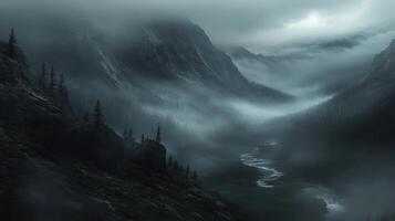 A misty mountain landscape with a winding river and dense forests photo