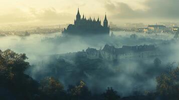 A misty landscape featuring a grand castle silhouette against a foggy backdrop photo