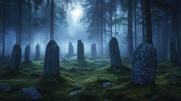 A misty forest with ancient stone monoliths surrounded by lush greenery photo