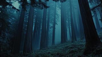 A misty forest scene with tall trees, evoking a serene and mysterious atmosphere photo