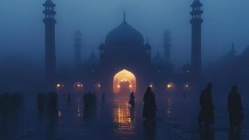A misty evening scene of a grand mosque, illuminated with soft lights and silhouetted figures photo