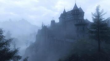 A misty castle looms in a foggy landscape, evoking a mysterious and eerie atmosphere photo