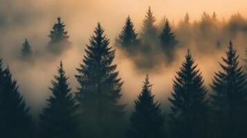 A misty forest at dawn, with silhouettes of evergreen trees emerging from fog photo
