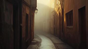 A misty alleyway illuminated by soft light, creating a mysterious and serene atmosphere photo