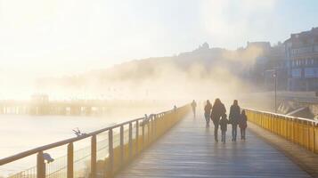 A foggy waterfront scene with people walking along a pier. photo