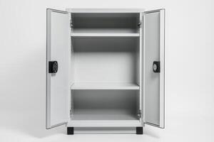A gray storage cabinet with two doors and shelves, designed for organization and security photo