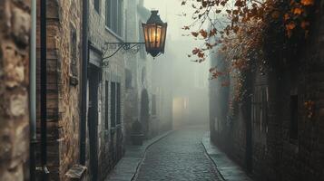 A foggy, cobblestone alley illuminated by a vintage lantern, evoking a mysterious atmosphere photo