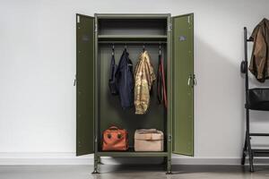 A green locker with hanging clothes and bags, organized for storage. photo