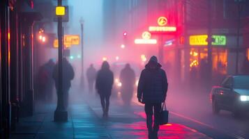 A foggy urban street scene with pedestrians and glowing neon lights. photo