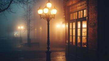 A foggy street scene illuminated by vintage lamps, creating a mysterious atmosphere. photo