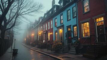 A foggy street with colorful houses illuminated by warm lights at dusk. photo