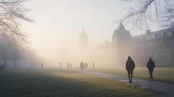 A foggy scene on a campus with people walking amidst historic buildings. photo