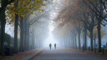 A foggy pathway lined with trees, featuring two figures walking in the distance. photo