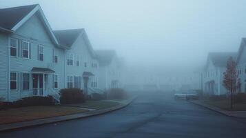 A foggy residential street with houses partially obscured by mist. photo
