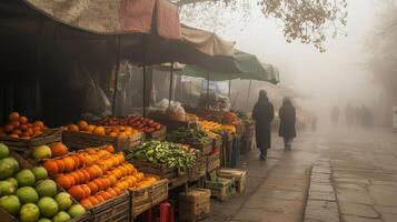 A foggy market scene with fruit and vegetable stalls, showcasing local produce and shoppers. photo