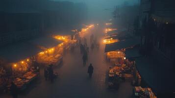 A foggy market scene illuminated by warm lights, showcasing vendors and shoppers. photo