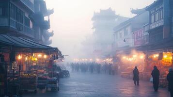 A foggy market scene with illuminated stalls and people in traditional attire. photo
