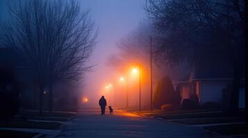 A foggy evening scene with a person walking a dog under streetlights. photo