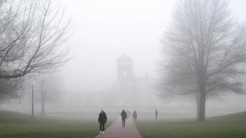 A foggy campus scene with people walking along a path towards a clock tower building. photo