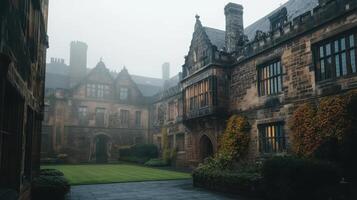 A foggy courtyard of an old stone building, showcasing Gothic architecture and lush greenery. photo