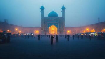 A foggy evening scene of an ornate mosque with illuminated architecture and people in the square. photo