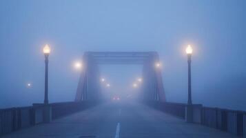 A foggy bridge illuminated by streetlights, creating a mysterious atmosphere. photo