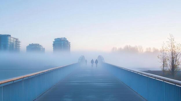A foggy bridge scene with silhouetted figures walking towards the horizon. photo