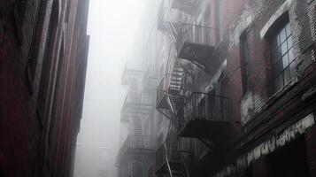 A foggy alleyway with brick buildings and fire escapes, creating a mysterious atmosphere. photo