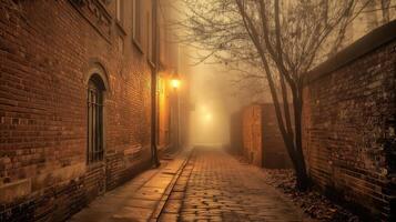 A foggy alleyway illuminated by street lamps, creating a mysterious and atmospheric scene. photo