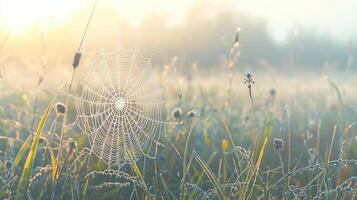 A dew-covered spider web glistens in a misty field during early morning light photo