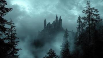A dark, atmospheric castle shrouded in mist and surrounded by eerie forests. photo