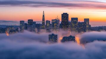 A city skyline at sunset, partially shrouded in fog, highlighting urban architecture. photo